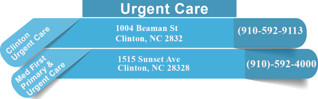 Clinton Urgent Care 1004 Beaman St Clinton, NC 28328 910-592-9113; Med First Primary & Urgent Care 1515 Sunset Ave Clinton, NC 28328 910-592-4000